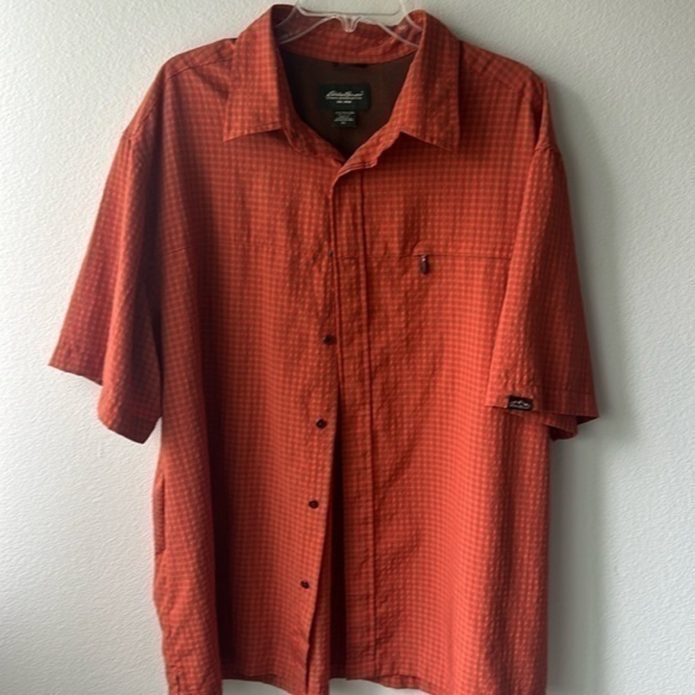 Eddie Bauer Shirt Orange plaid button up size XL Polyester & Nylon